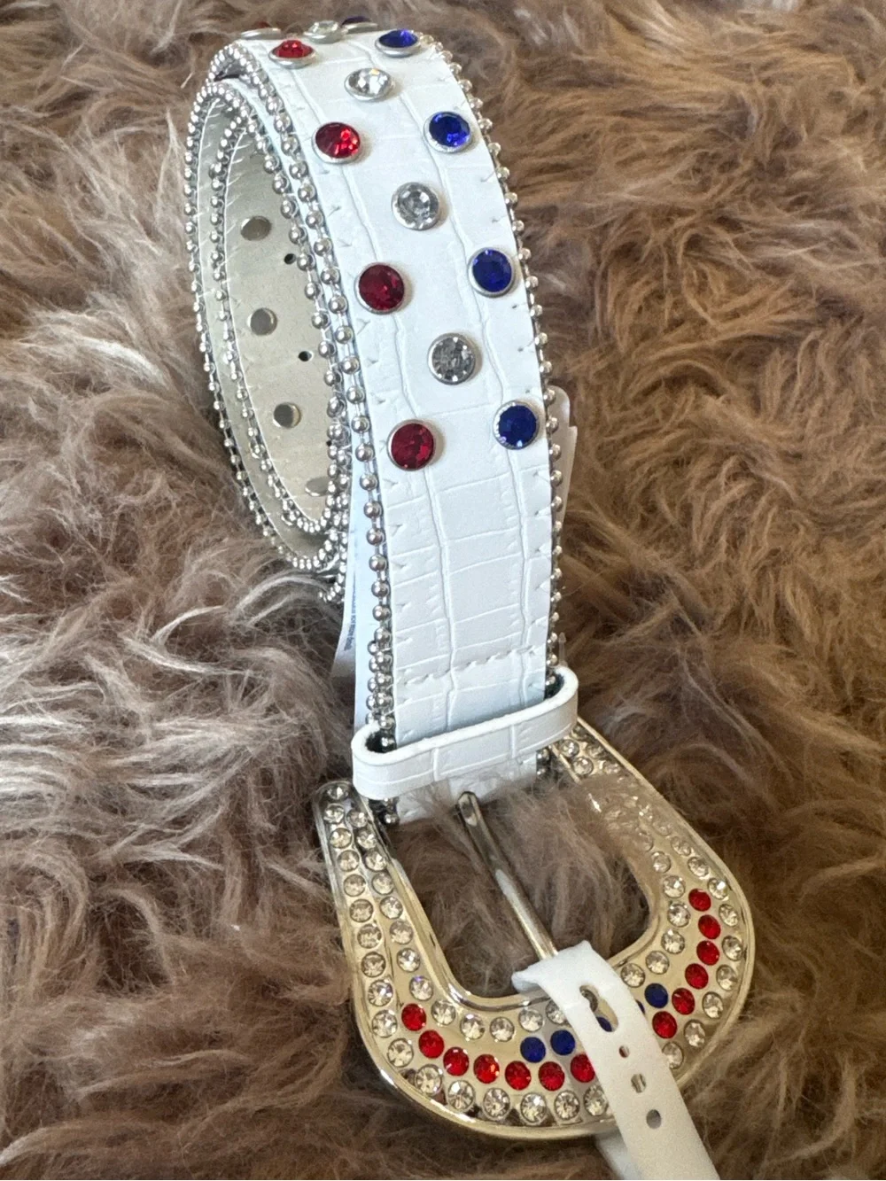 Patriotic belt rhinestones red white blue American flag beautiful chunky buckle